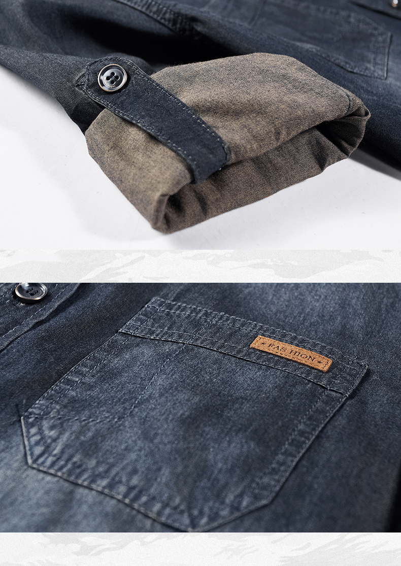 デニムシャツ ワークシャツ メンズ 長袖 ロールアップ可 2WAY トップス ポケット付き ユーズド加工 デニム 色落ち ミリタリーシャツ カジュアルシャツ 