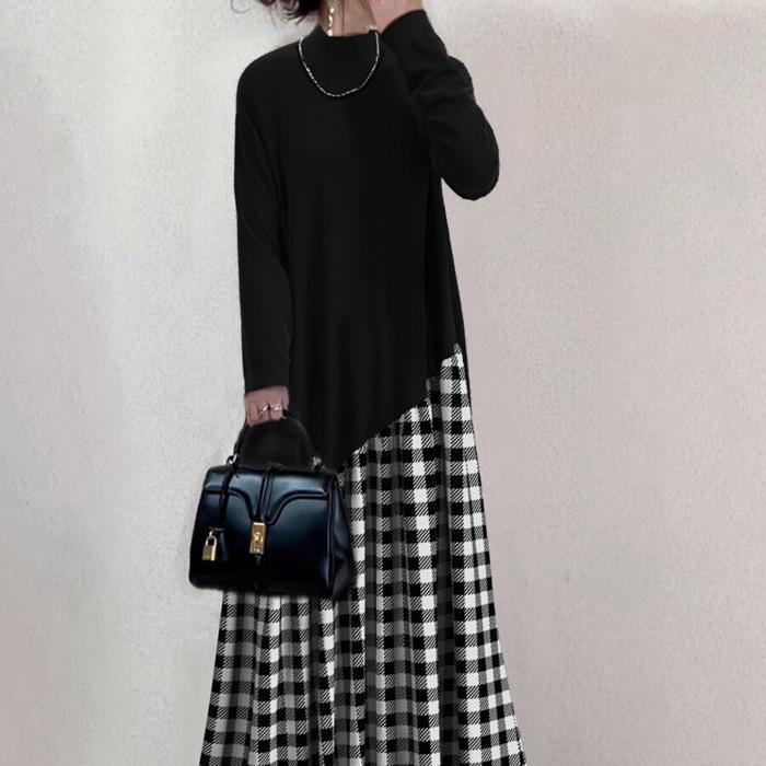 ワンピース ロングワンピース レディース 長袖 ボトルネック ロング丈 春 秋 レイヤード風 冬 チェック柄 40代 重ね着風 20代 