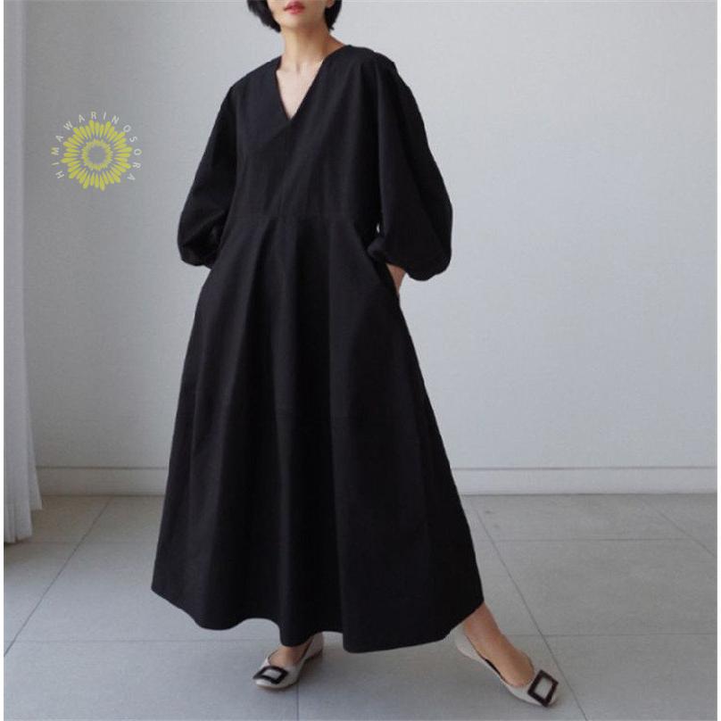 ワンピース レディース 長袖 ロングワンピース シャツワンピース マキシワンピース ボリューム袖 春秋 ゆったり 上品 着痩せ Aライン 