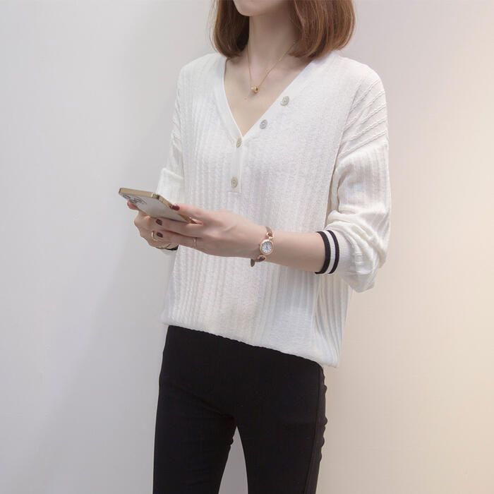トップス ニット カットソー レディース きれいめ エレカジュアル 可愛い 大人 Vネック 通勤 シンプル 大 おしゃれ 配色 長袖 ライン フェミニン ボタン 