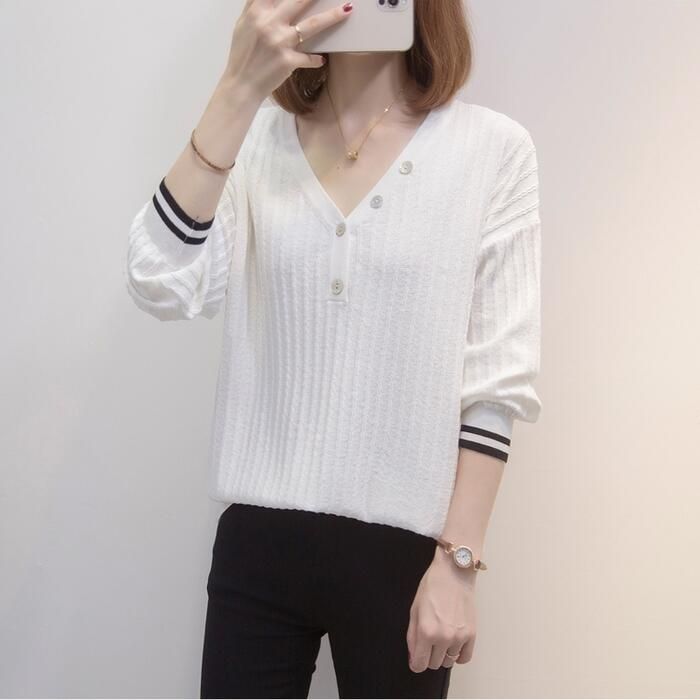 トップス ニット カットソー レディース きれいめ エレカジュアル 可愛い 大人 Vネック 通勤 シンプル 大 おしゃれ 配色 長袖 ライン フェミニン ボタン 