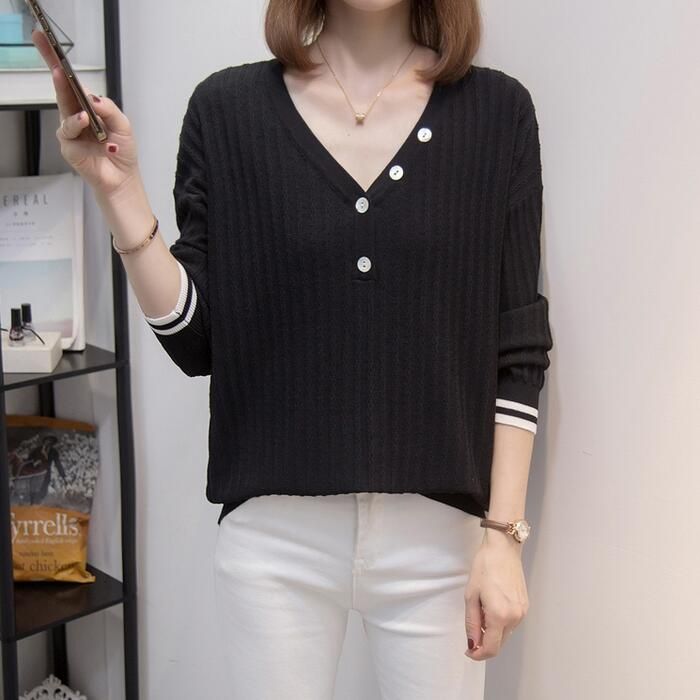 トップス ニット カットソー レディース きれいめ エレカジュアル 可愛い 大人 Vネック 通勤 シンプル 大 おしゃれ 配色 長袖 ライン フェミニン ボタン 