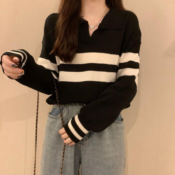 トップス ニット セーター レディース きれいめ ボーダー 大き おしゃれ 大人 Vネック 襟付き カジュアル ゆったり 体型カバー ライン 可愛い 長袖 フェミニン 