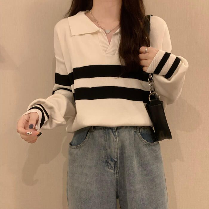 トップス ニット セーター レディース きれいめ ボーダー 大き おしゃれ 大人 Vネック 襟付き カジュアル ゆったり 体型カバー ライン 可愛い 長袖 フェミニン 