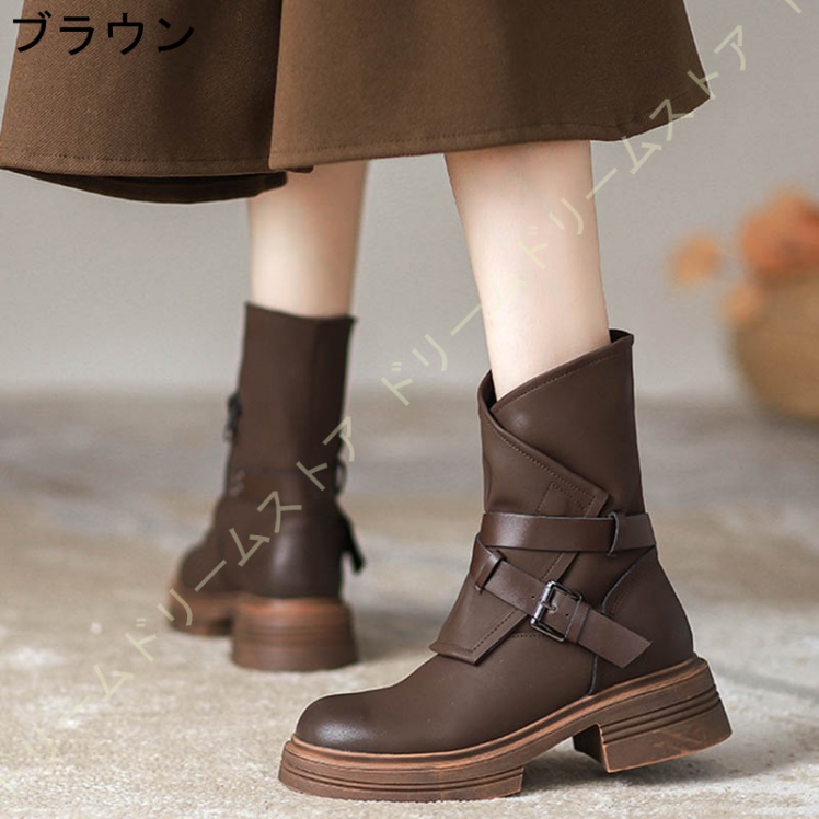 サイドジップ ショートブーツ 。 レディース ブーツ 厚底 エンジニアブーツ 歩きやすい 女性用 太ヒール 美脚 ベルト付き ビンテージブーツ おしゃれ 幅広 