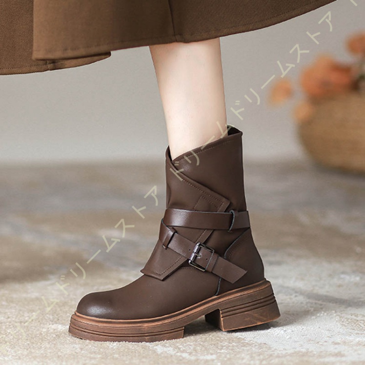 サイドジップ ショートブーツ 。 レディース ブーツ 厚底 エンジニアブーツ 歩きやすい 女性用 太ヒール 美脚 ベルト付き ビンテージブーツ おしゃれ 幅広 