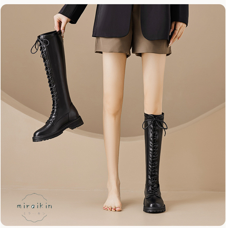 22.5CM-26.5CMロングブーツ レディース レースアップ靴 ジョッキーブーツ バックジップ ラウンドトゥ 防滑 ア 秋冬 履きやすい 歩きやすい 長靴 厚底 