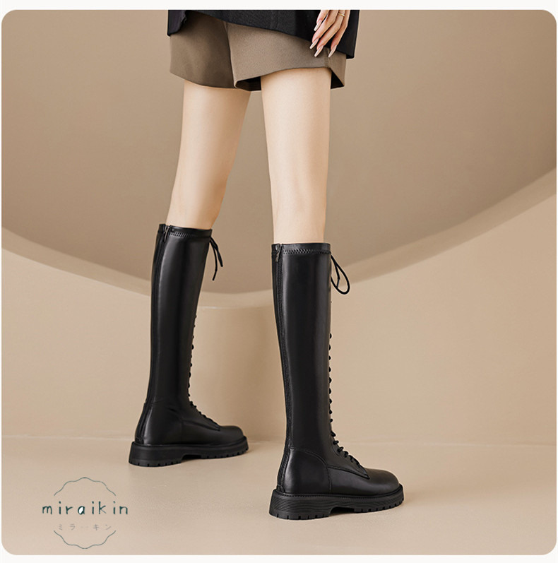 22.5CM-26.5CMロングブーツ レディース レースアップ靴 ジョッキーブーツ バックジップ ラウンドトゥ 防滑 ア 秋冬 履きやすい 歩きやすい 長靴 厚底 