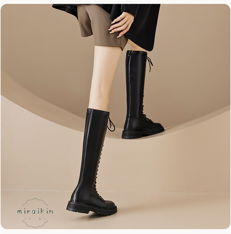 22.5CM-26.5CMロングブーツ レディース レースアップ靴 ジョッキーブーツ バックジップ ラウンドトゥ 防滑 ア 秋冬 履きやすい 歩きやすい 長靴 厚底 