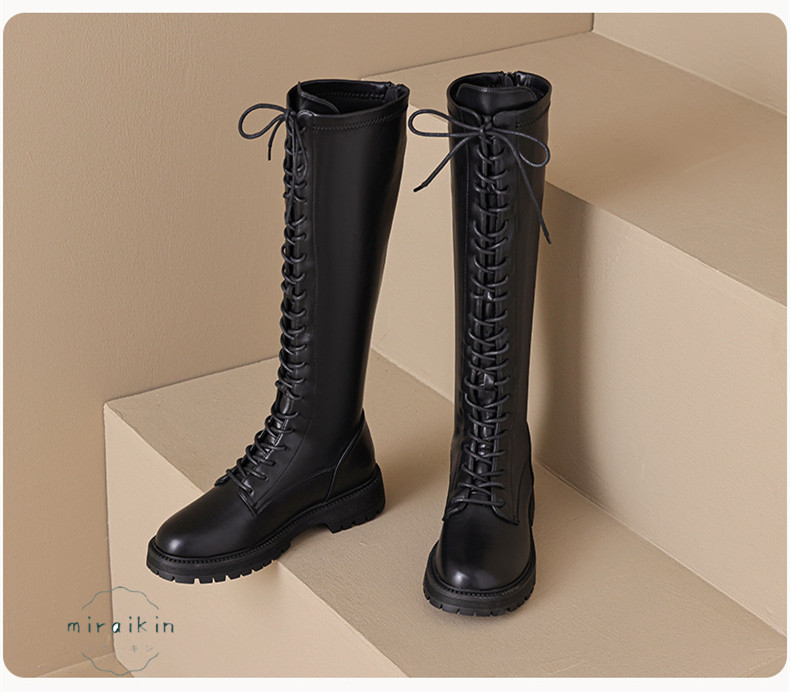 22.5CM-26.5CMロングブーツ レディース レースアップ靴 ジョッキーブーツ バックジップ ラウンドトゥ 防滑 ア 秋冬 履きやすい 歩きやすい 長靴 厚底 