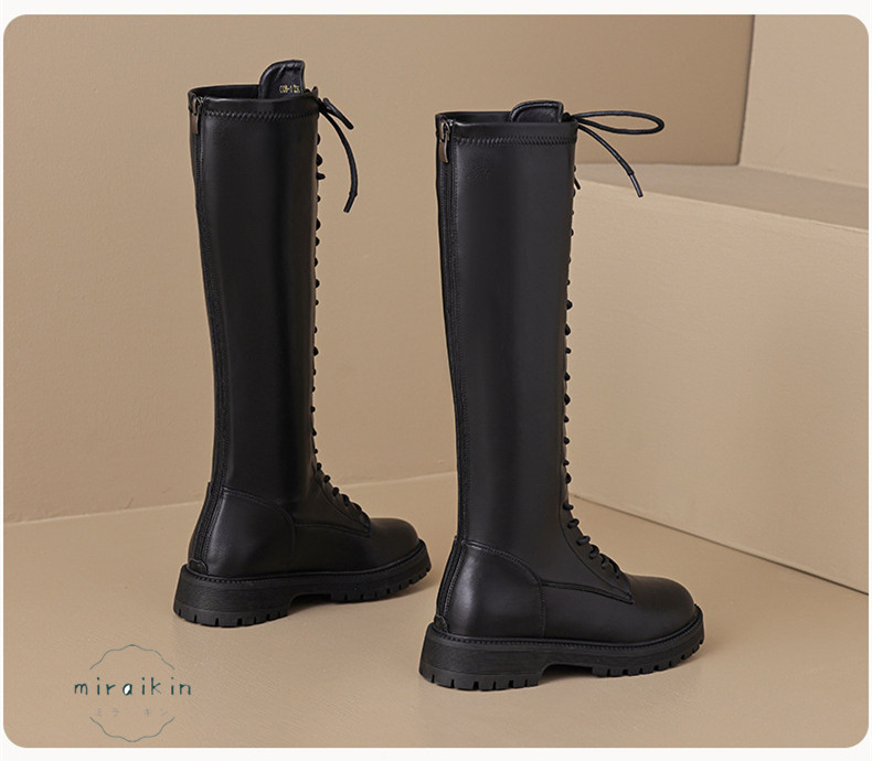 22.5CM-26.5CMロングブーツ レディース レースアップ靴 ジョッキーブーツ バックジップ ラウンドトゥ 防滑 ア 秋冬 履きやすい 歩きやすい 長靴 厚底 
