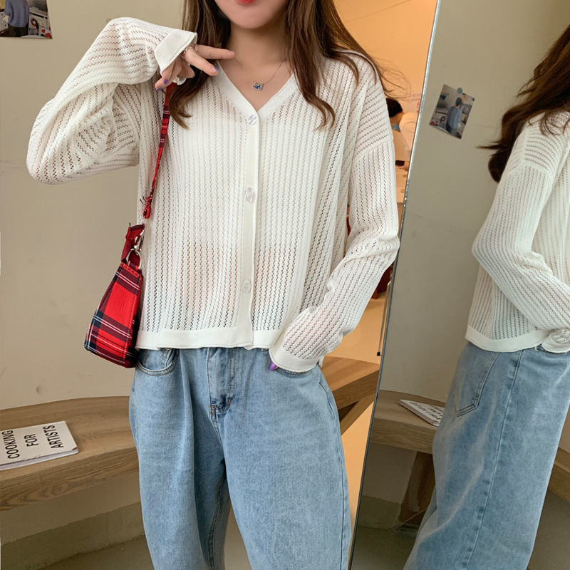 カーディガン レディース サマーカーディガン UVカット 日焼け止め 夏 冷房対策 透かし 長袖 羽織り トップス 薄手 ラインニットカーディガン 