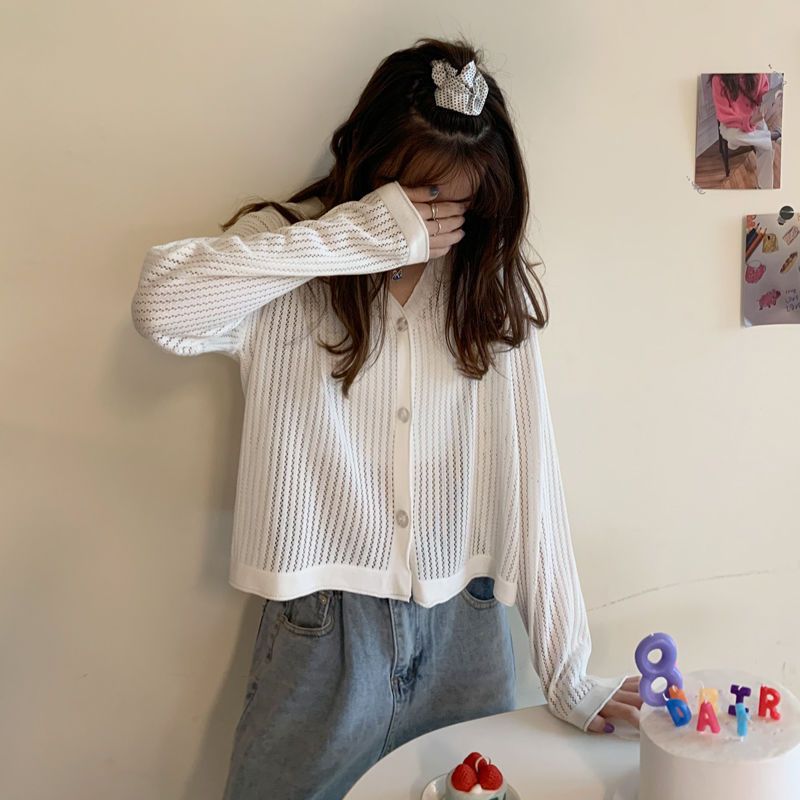 カーディガン レディース サマーカーディガン UVカット 日焼け止め 夏 冷房対策 透かし 長袖 羽織り トップス 薄手 ラインニットカーディガン 