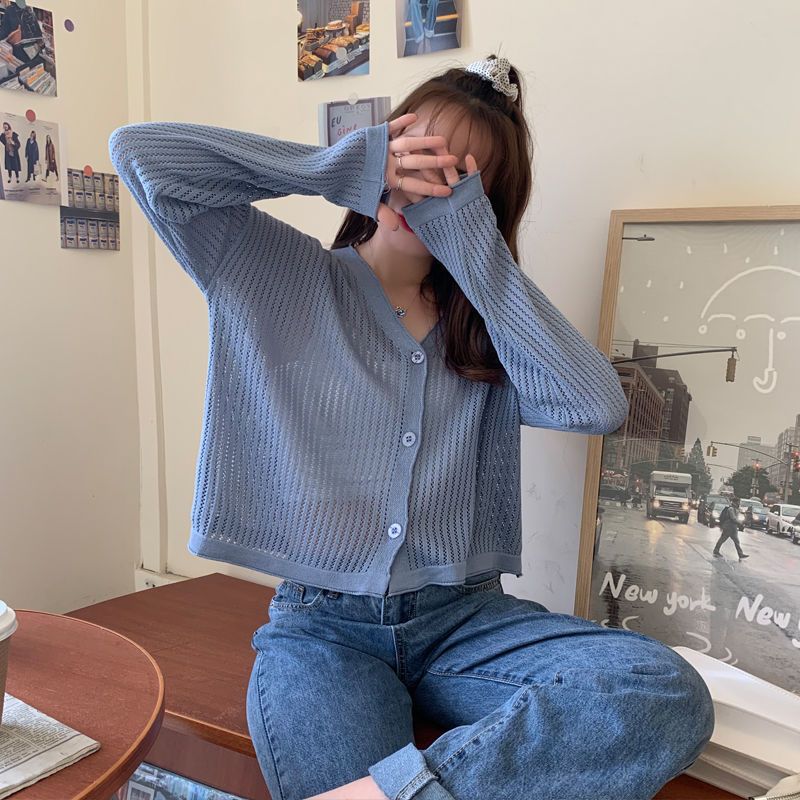 カーディガン レディース サマーカーディガン UVカット 日焼け止め 夏 冷房対策 透かし 長袖 羽織り トップス 薄手 ラインニットカーディガン 