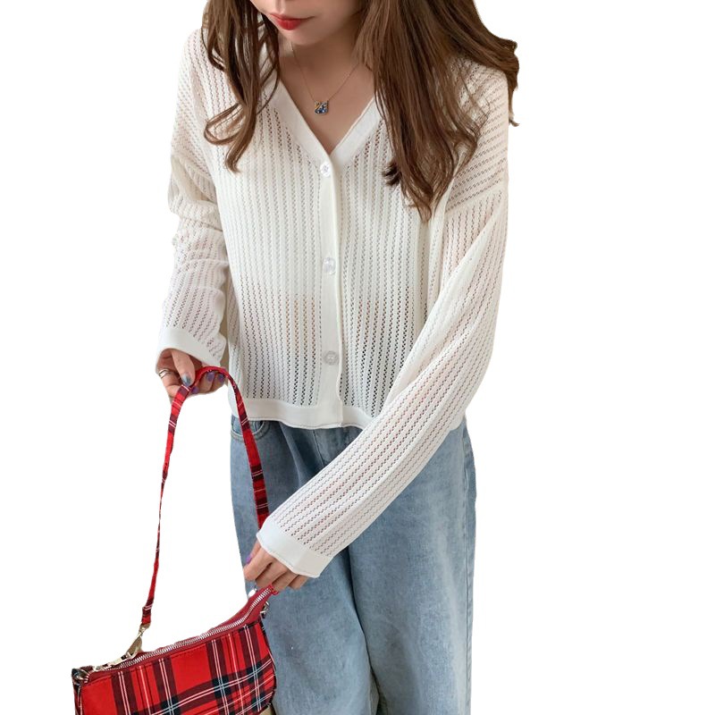 カーディガン レディース サマーカーディガン UVカット 日焼け止め 夏 冷房対策 透かし 長袖 羽織り トップス 薄手 ラインニットカーディガン 