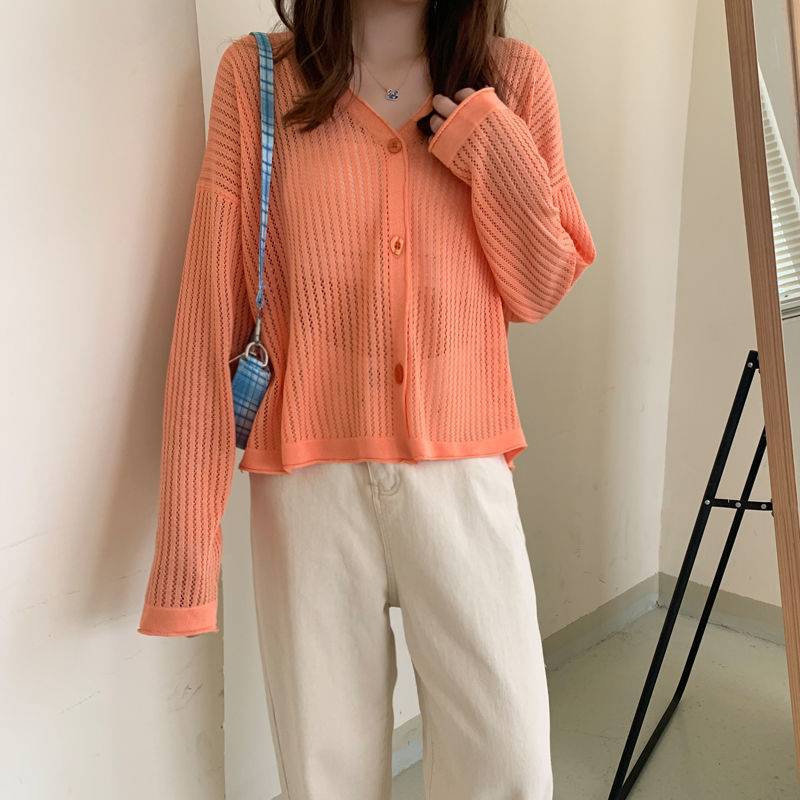カーディガン レディース サマーカーディガン UVカット 日焼け止め 夏 冷房対策 透かし 長袖 羽織り トップス 薄手 ラインニットカーディガン 