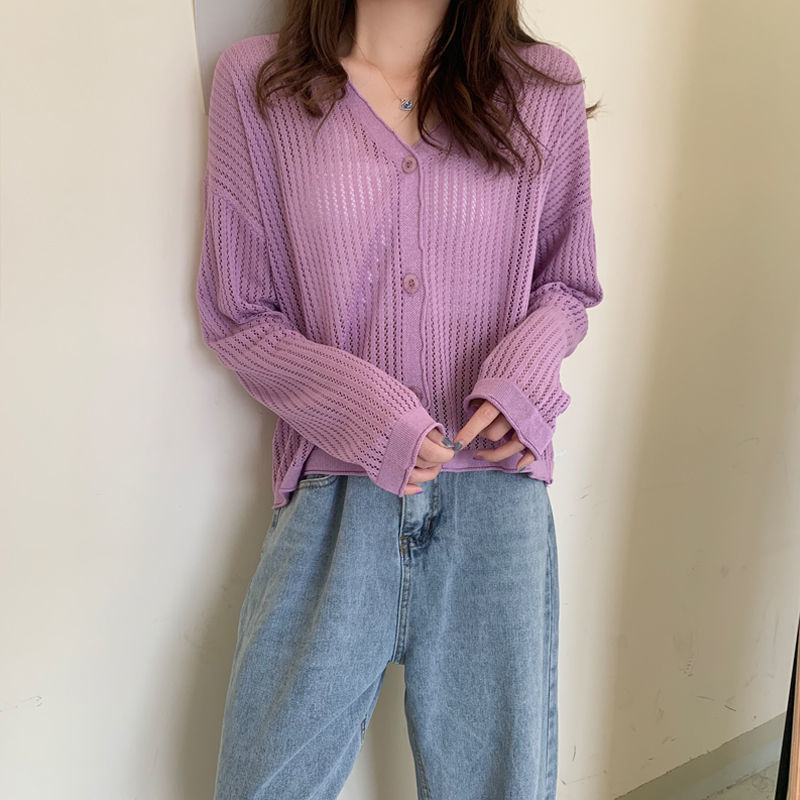 カーディガン レディース サマーカーディガン UVカット 日焼け止め 夏 冷房対策 透かし 長袖 羽織り トップス 薄手 ラインニットカーディガン 