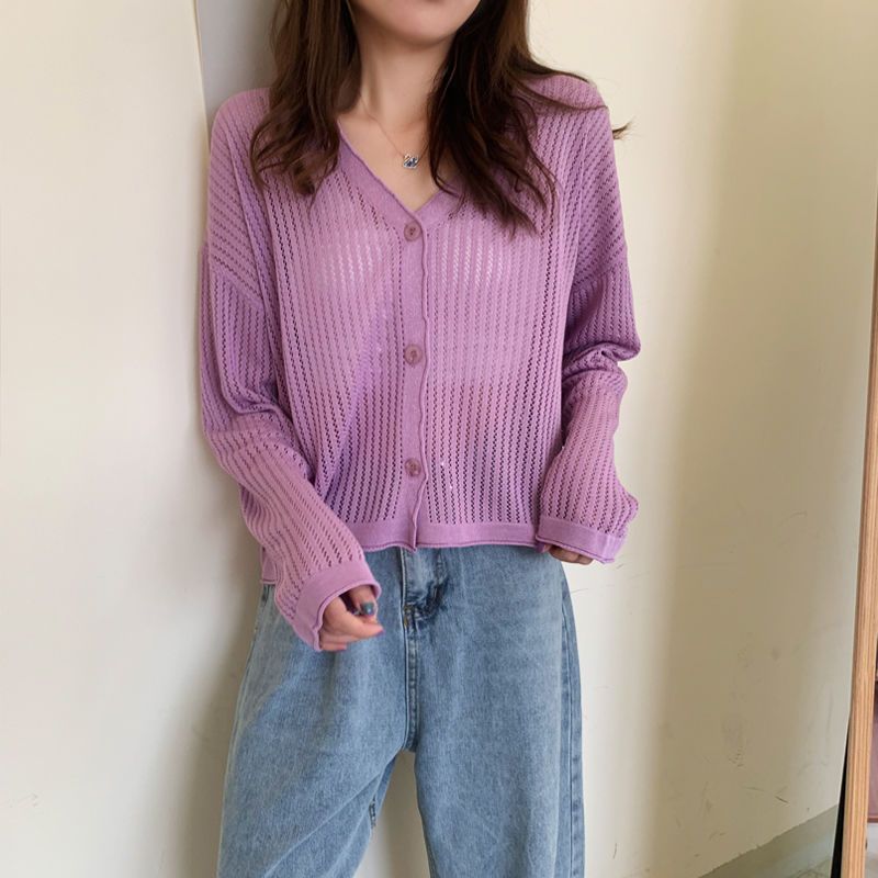 カーディガン レディース サマーカーディガン UVカット 日焼け止め 夏 冷房対策 透かし 長袖 羽織り トップス 薄手 ラインニットカーディガン 