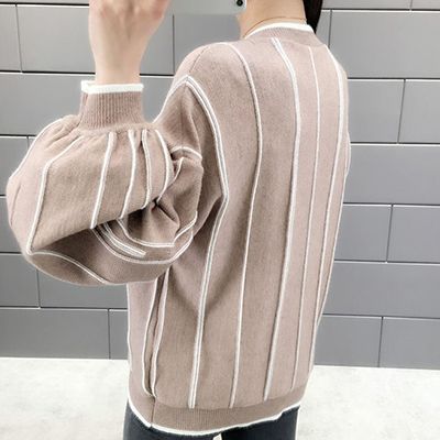 ニット トップス ストライプ Vネック 袖コンシャス パフスリーブ ママ会 長袖 ピンク ボリューム袖 ブラック 白 セーター 袖あり カーキ コーラル 黒 ホワイト 