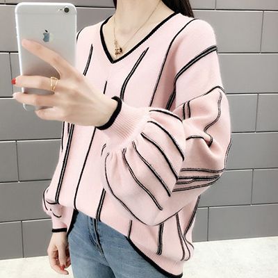 ニット トップス ストライプ Vネック 袖コンシャス パフスリーブ ママ会 長袖 ピンク ボリューム袖 ブラック 白 セーター 袖あり カーキ コーラル 黒 ホワイト 