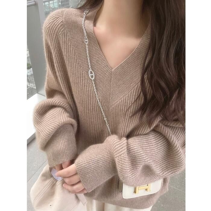 トップス ニット セーター レディース きれいめ エレカジュアル シンプル 大人 体型カバー 可愛い おしゃれ Vネック フェミニン 長袖 ゆったり ベーシッ 