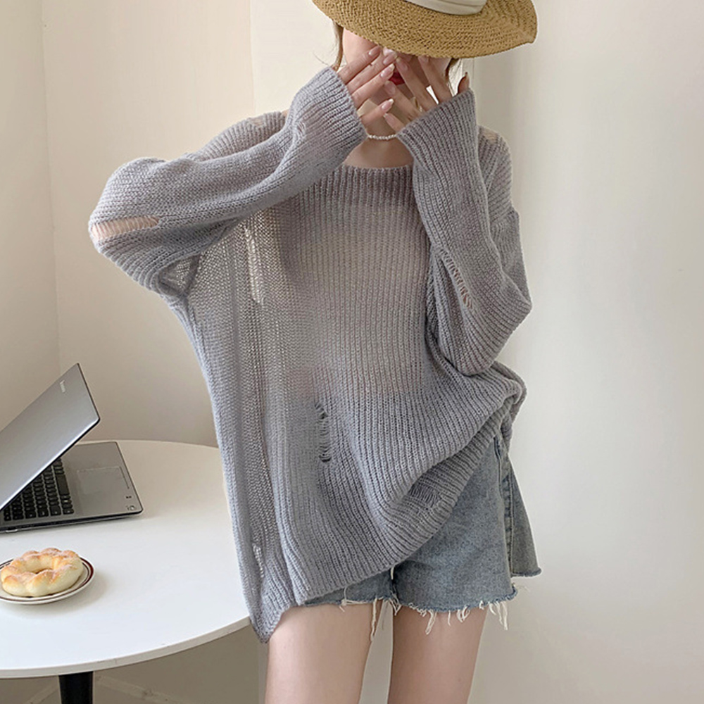 ニットトップス ダメージ入り ゆったり 。可  