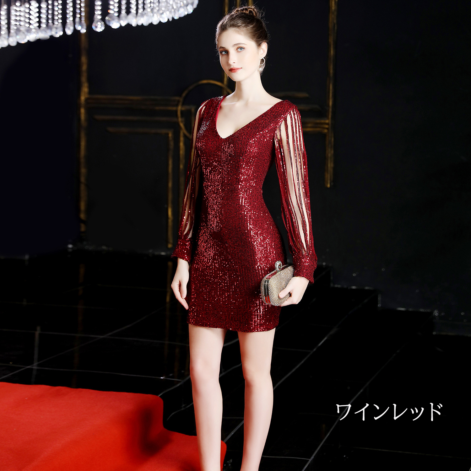 カラードレス ミニドレス 長袖 パーティードレス 結婚式 二次会 ワンピース 発表会 スパンファスナー 演奏会 ミディアムドレス 演出 フォーマルドレス 