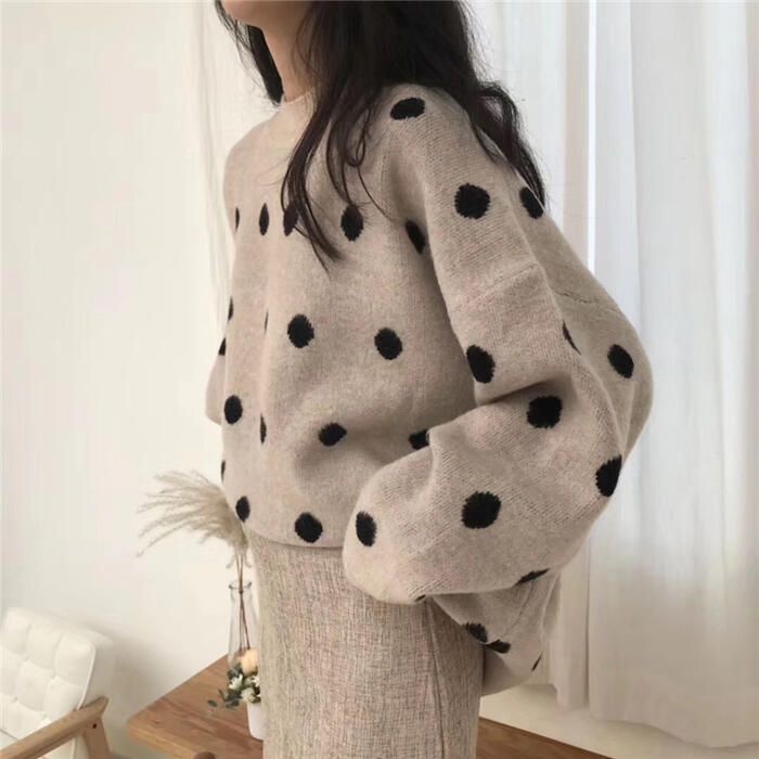 トップス ニット セーター ドット柄 クルーネック レディース 長袖 ドロップショルダー フェミニン おしゃれ ゆったり 大人可愛い きれいめ こなれ カジュアル 