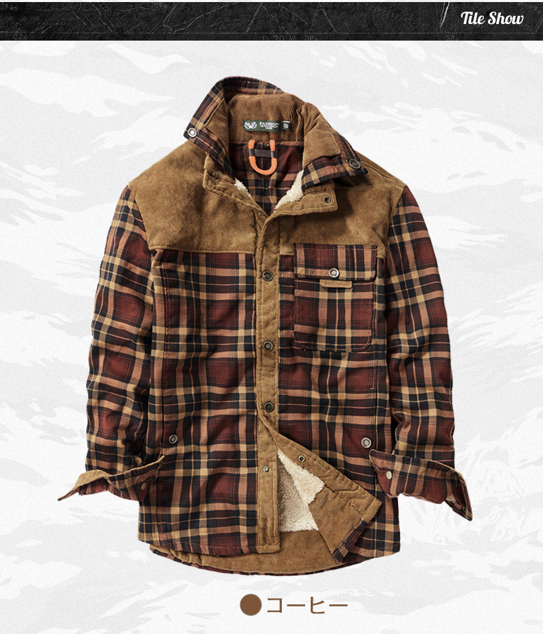 シャツジャケット フコーデュロイシャツ メンズ 長袖 チェック柄 ブルゾン 厚手 ポケット付き ジャケット カジュアルシャツ 保温 ボアシャツ 