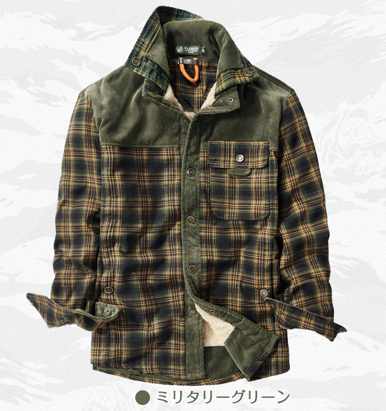 シャツジャケット フコーデュロイシャツ メンズ 長袖 チェック柄 ブルゾン 厚手 ポケット付き ジャケット カジュアルシャツ 保温 ボアシャツ 
