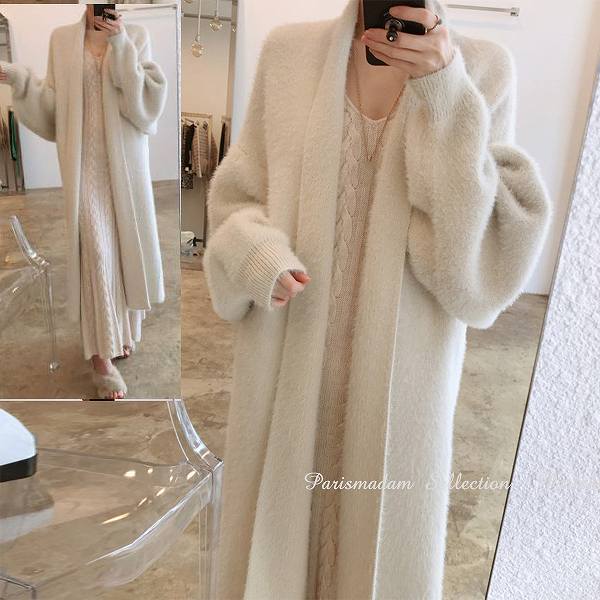 前開きロングカーディガン ホワイト米 長袖 ゆったりルーズ 上品 フリーサイズお出かけ女子会20代30代40代50代60代  