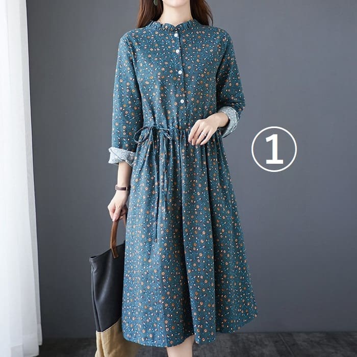 コットン フラワー ワンピース レディース ウエストリボン Aライン 旅行 30代 通勤 きれいめ 長袖 春秋 40代 女子会 カジュアル 50代 お出かけ 60代 
