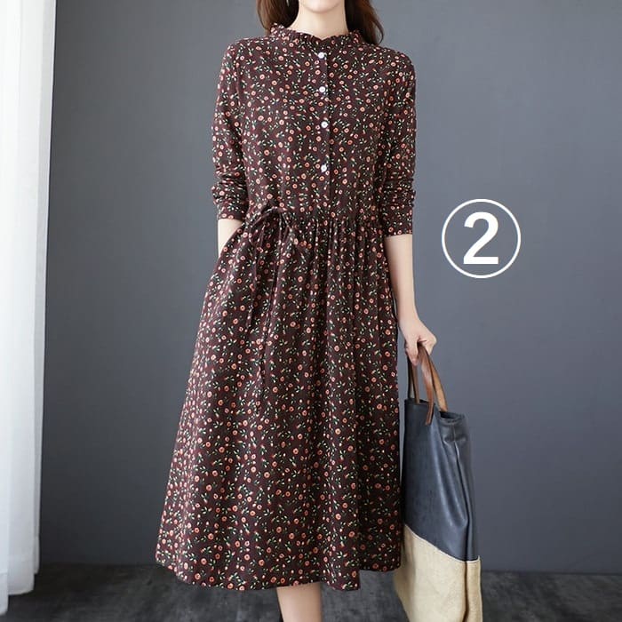 コットン フラワー ワンピース レディース ウエストリボン Aライン 旅行 30代 通勤 きれいめ 長袖 春秋 40代 女子会 カジュアル 50代 お出かけ 60代 