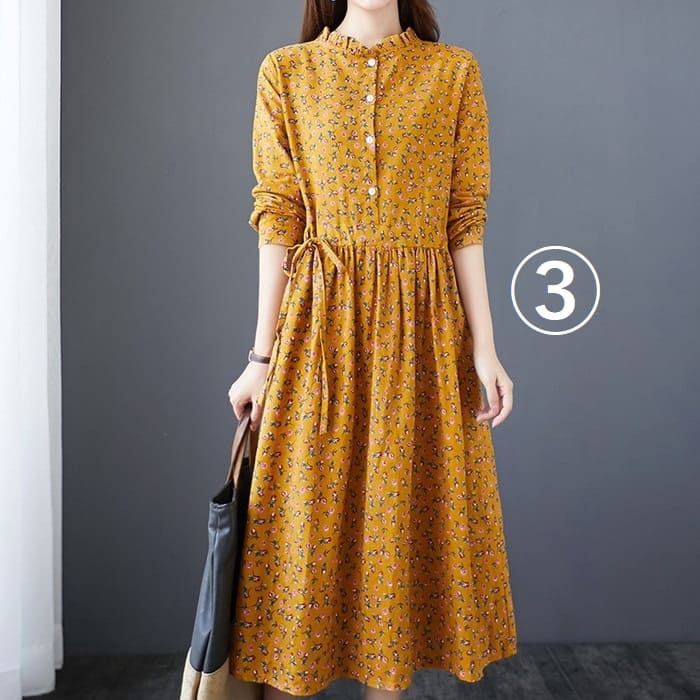 コットン フラワー ワンピース レディース ウエストリボン Aライン 旅行 30代 通勤 きれいめ 長袖 春秋 40代 女子会 カジュアル 50代 お出かけ 60代 