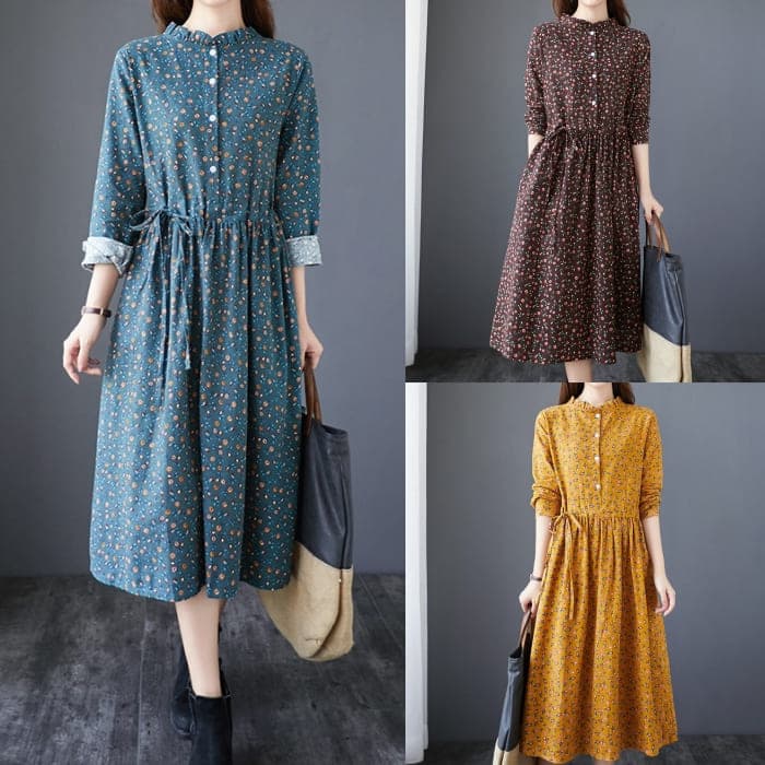 コットン フラワー ワンピース レディース ウエストリボン Aライン 旅行 30代 通勤 きれいめ 長袖 春秋 40代 女子会 カジュアル 50代 お出かけ 60代 