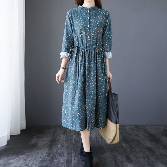 コットン フラワー ワンピース レディース ウエストリボン Aライン 旅行 30代 通勤 きれいめ 長袖 春秋 40代 女子会 カジュアル 50代 お出かけ 60代 