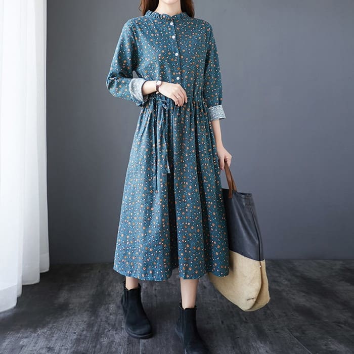 コットン フラワー ワンピース レディース ウエストリボン Aライン 旅行 30代 通勤 きれいめ 長袖 春秋 40代 女子会 カジュアル 50代 お出かけ 60代 