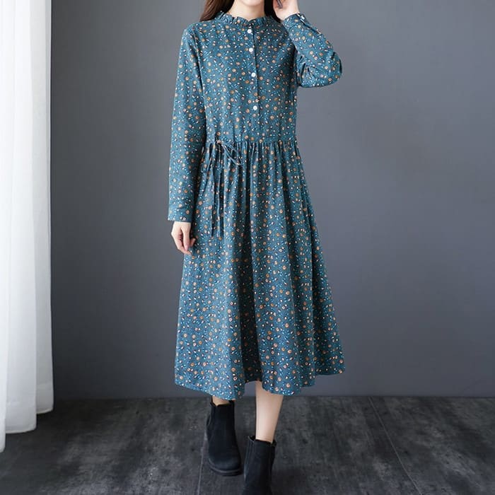 コットン フラワー ワンピース レディース ウエストリボン Aライン 旅行 30代 通勤 きれいめ 長袖 春秋 40代 女子会 カジュアル 50代 お出かけ 60代 