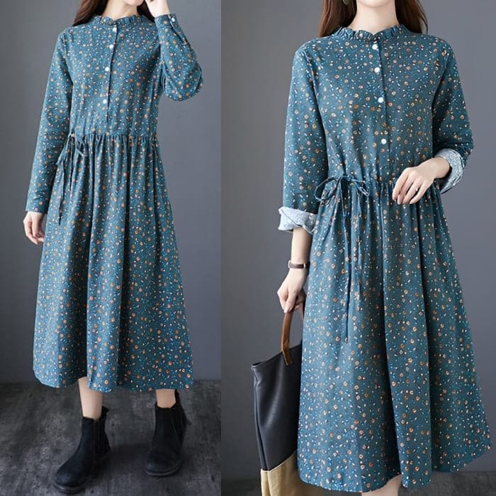 コットン フラワー ワンピース レディース ウエストリボン Aライン 旅行 30代 通勤 きれいめ 長袖 春秋 40代 女子会 カジュアル 50代 お出かけ 60代 