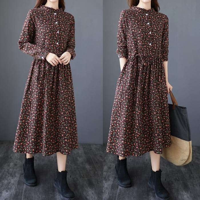 コットン フラワー ワンピース レディース ウエストリボン Aライン 旅行 30代 通勤 きれいめ 長袖 春秋 40代 女子会 カジュアル 50代 お出かけ 60代 