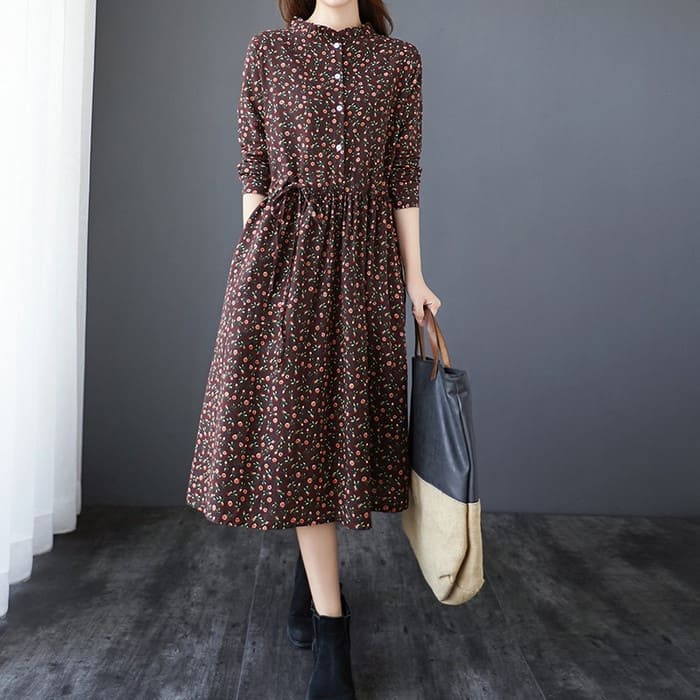 コットン フラワー ワンピース レディース ウエストリボン Aライン 旅行 30代 通勤 きれいめ 長袖 春秋 40代 女子会 カジュアル 50代 お出かけ 60代 