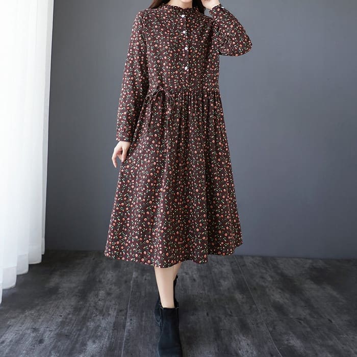 コットン フラワー ワンピース レディース ウエストリボン Aライン 旅行 30代 通勤 きれいめ 長袖 春秋 40代 女子会 カジュアル 50代 お出かけ 60代 