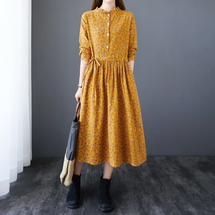 コットン フラワー ワンピース レディース ウエストリボン Aライン 旅行 30代 通勤 きれいめ 長袖 春秋 40代 女子会 カジュアル 50代 お出かけ 60代 