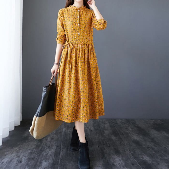 コットン フラワー ワンピース レディース ウエストリボン Aライン 旅行 30代 通勤 きれいめ 長袖 春秋 40代 女子会 カジュアル 50代 お出かけ 60代 