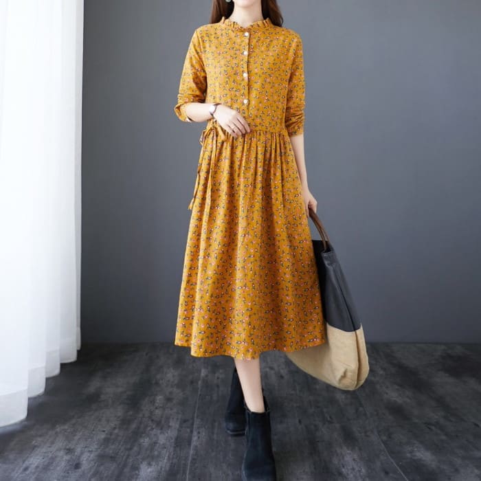 コットン フラワー ワンピース レディース ウエストリボン Aライン 旅行 30代 通勤 きれいめ 長袖 春秋 40代 女子会 カジュアル 50代 お出かけ 60代 