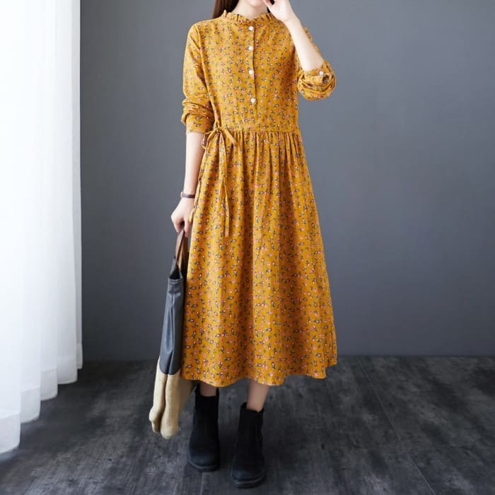 コットン フラワー ワンピース レディース ウエストリボン Aライン 旅行 30代 通勤 きれいめ 長袖 春秋 40代 女子会 カジュアル 50代 お出かけ 60代 