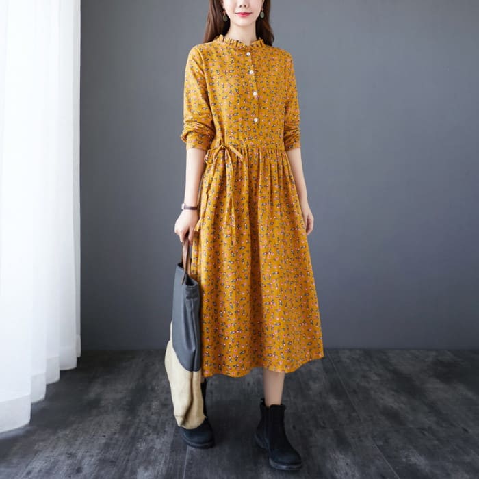 コットン フラワー ワンピース レディース ウエストリボン Aライン 旅行 30代 通勤 きれいめ 長袖 春秋 40代 女子会 カジュアル 50代 お出かけ 60代 