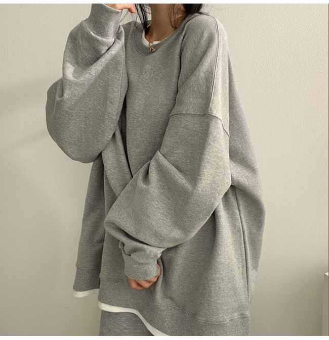 トレーナー プルオーバー トップス レイヤード 長袖 重ね着風 無地 スリット Tシャツ スウェット ゆったり 切り替え 