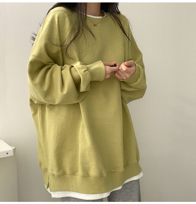トレーナー プルオーバー トップス レイヤード 長袖 重ね着風 無地 スリット Tシャツ スウェット ゆったり 切り替え 