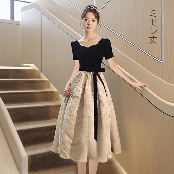 ロングドレス 大人 ピアノ 発表会 ミモレ丈 演奏会 小さいサイズ 母親 二次会 黒 袖付き 大きいサイズ パーティードレス 結婚式 花嫁 